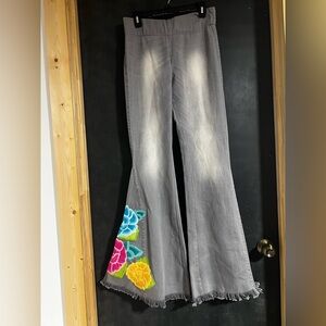 Judith March Gray Flare Jeans with Floral Embroidery